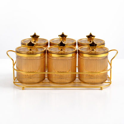 Set de 6 Frascos de Plástico con Tapa Dorada y Base Metálica – Organizador Premium para Cocina