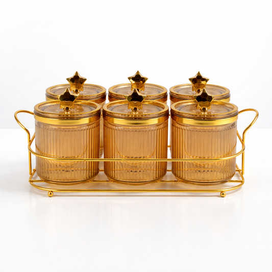 Set de 6 Frascos de Plástico con Tapa Dorada y Base Metálica – Organizador Premium para Cocina