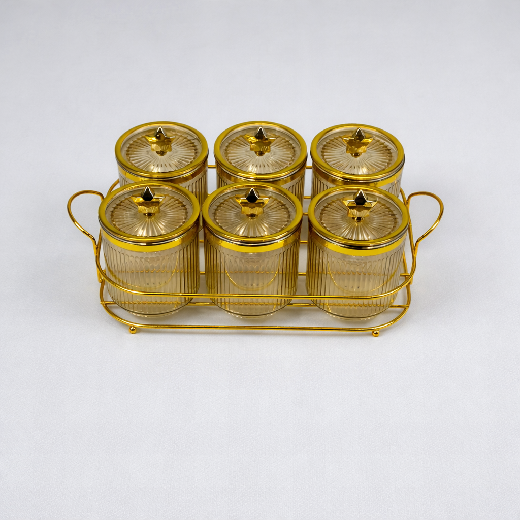 Set de 6 Frascos de Plástico con Tapa Dorada y Base Metálica – Organizador Premium para Cocina