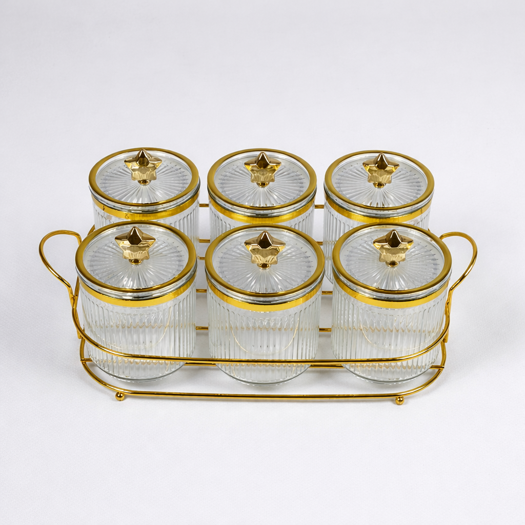 Set de 6 Frascos de Plástico Ámbar con Tapa Dorada y Base Metálica – Organizador Elegante para Cocina