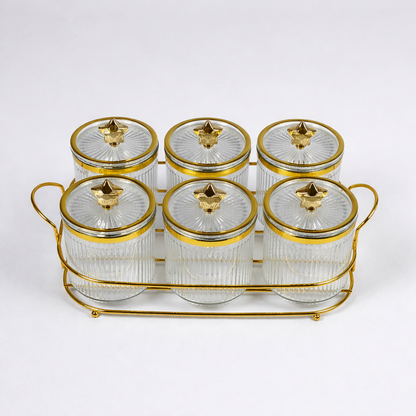 Set de 6 Frascos de Plástico Ámbar con Tapa Dorada y Base Metálica – Organizador Elegante para Cocina