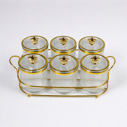 Set de 6 Frascos de Plástico Ámbar con Tapa Dorada y Base Metálica – Organizador Elegante para Cocina