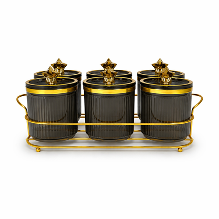 Set de 6 Frascos de PLÁSTICO con Tapa Dorada y Base Metálica Elegante