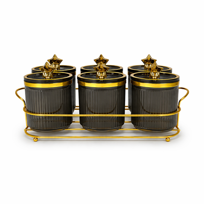 Set de 6 Frascos de PLÁSTICO con Tapa Dorada y Base Metálica Elegante