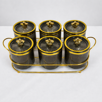 Set de 6 Frascos de PLÁSTICO con Tapa Dorada y Base Metálica Elegante