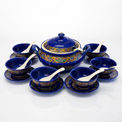 Royal Blue Soup Tureen Set with 6 Bowls and Spoons – Gold Peacock Details