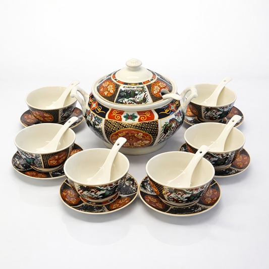 Juego de Sopa Oriental  – 3L-Tazón Grande con 6 Bowls, Platos y Cucharas (Diseño Tradicional Asiático)
