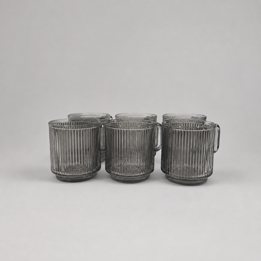 Set de 6 Tazas de Cristal Acanalado Gris Humo con Asa