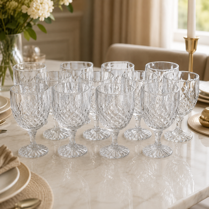 Set of 12 Cut Glass Goblets – Vintage Style for Water, Wine and Soft Drinks