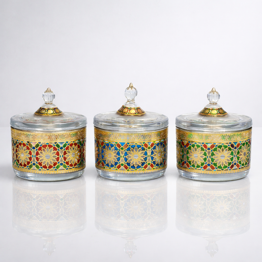 Set de 3 Frascos Decorativos de Vidrio con Diseño Mosaico Dorado – Estilo Árabe Elegante