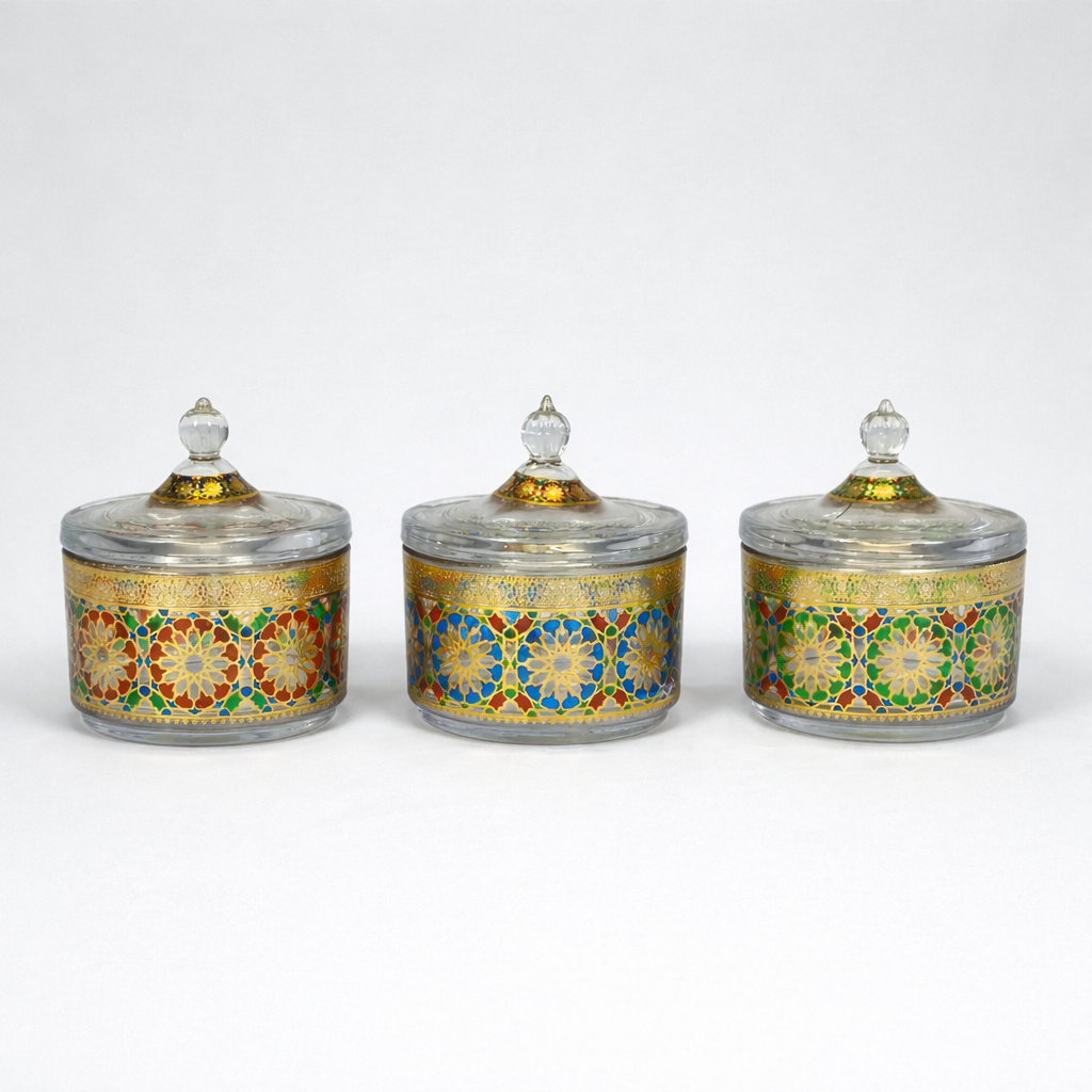 Set de 3 Frascos Decorativos de Vidrio con Diseño Mosaico Dorado – Estilo Árabe Elegante