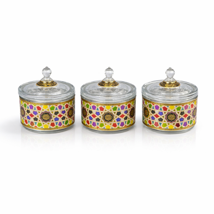 Conjunto de 3 Frascos Decorativos de Vidro com Design Geométrico e Detalhes Dourados