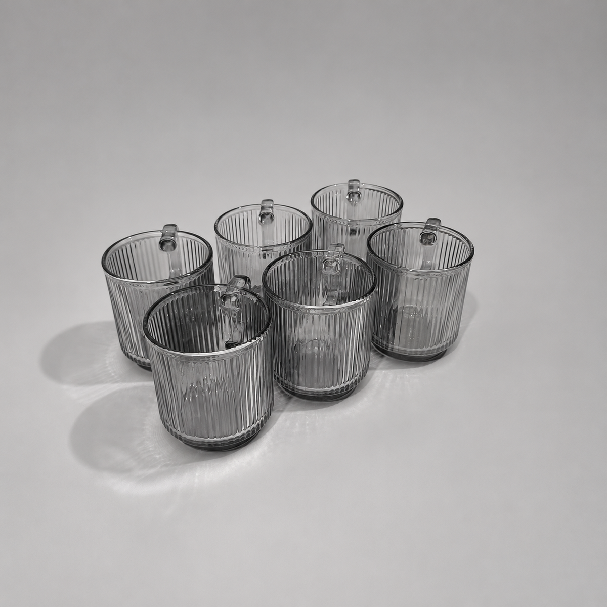 Set de 6 Tazas de Cristal Acanalado Gris Humo con Asa
