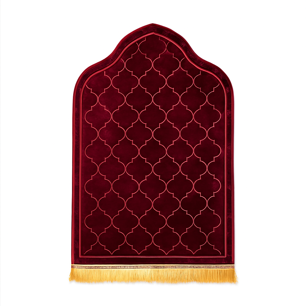 Alfombra de Rezo Sajjada Burdeos con Flecos Dorados