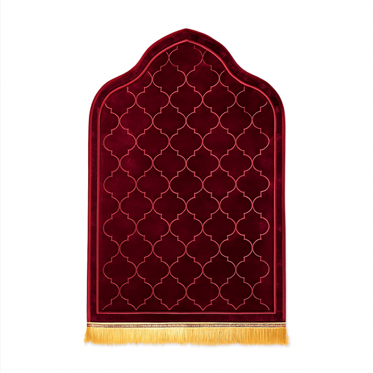 Alfombra de Rezo Sajjada Burdeos con Flecos Dorados