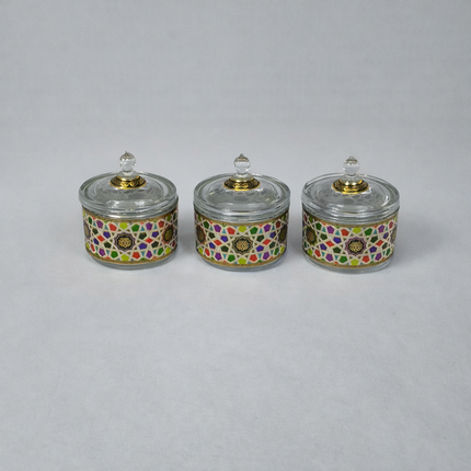 Conjunto de 3 Frascos Decorativos de Vidro com Design Geométrico e Detalhes Dourados