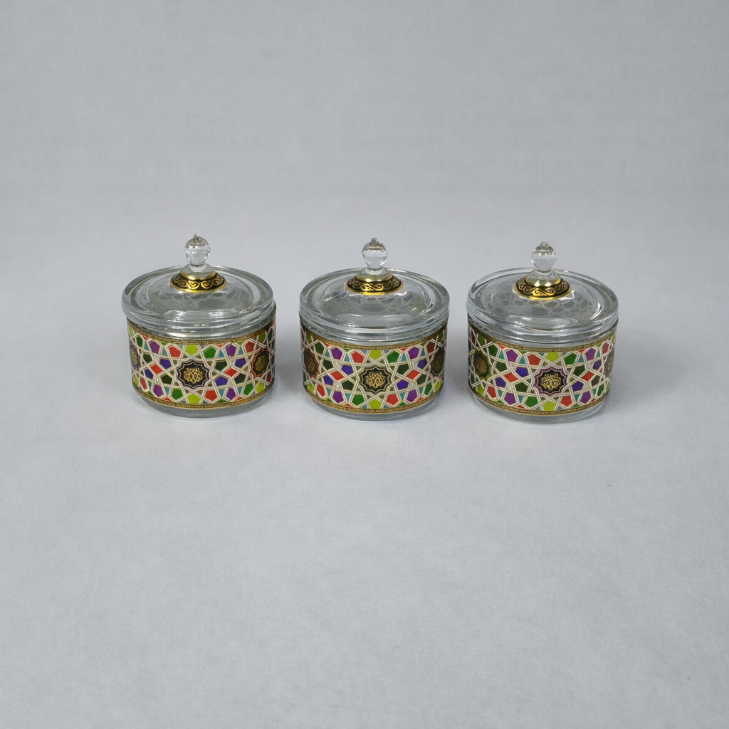 Set de 3 Frascos Decorativos de Vidrio con Diseño Geométrico y Detalles Dorados