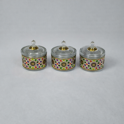 Set de 3 Frascos Decorativos de Vidrio con Diseño Geométrico y Detalles Dorados