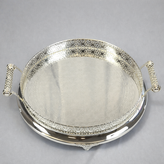 ✨ Bandeja Redonda Decorativa de Lujo en Acabado Plateado con Detalles Ornamentales ✨