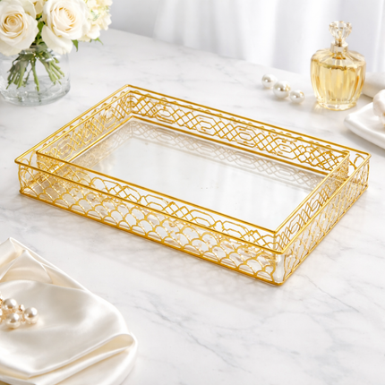 Tabuleiro Decorativo Retangular Dourado com Base de PLÁSTICO Elegante
