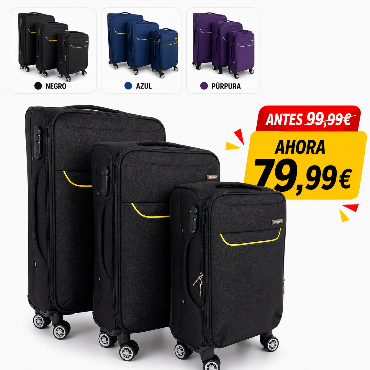 Set de 3 Maletas de Viaje Nadir con Detalles Amarillos