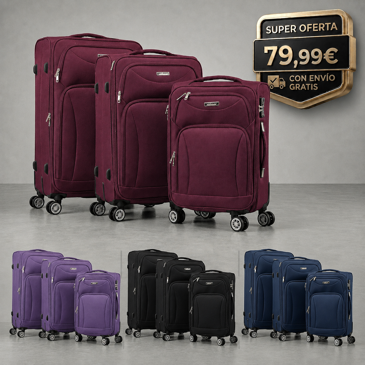 Set de 3 Maletas de Viaje  — Diseño Ligero y Resistente — 4 Ruedas 360º