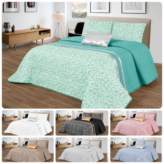 Colcha elegante GOOLD – Conjunto decorativo com duas almofadas, 250 x 260 cm – VERDE COM DETALHES PRATEADOS