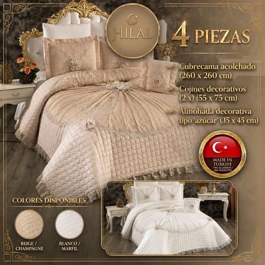 Set de Cama de Lujo "Hilal" – Cubrecama Acolchado con Encaje