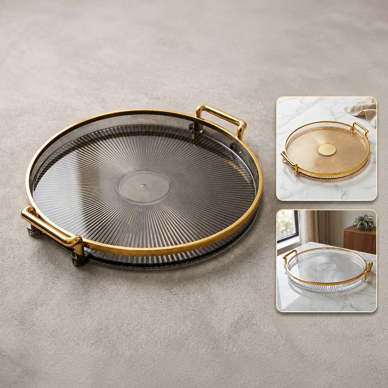 🟠 Bandeja Redonda com Alças Douradas – Elegância para Servir ou Decorar - Plástico Preto