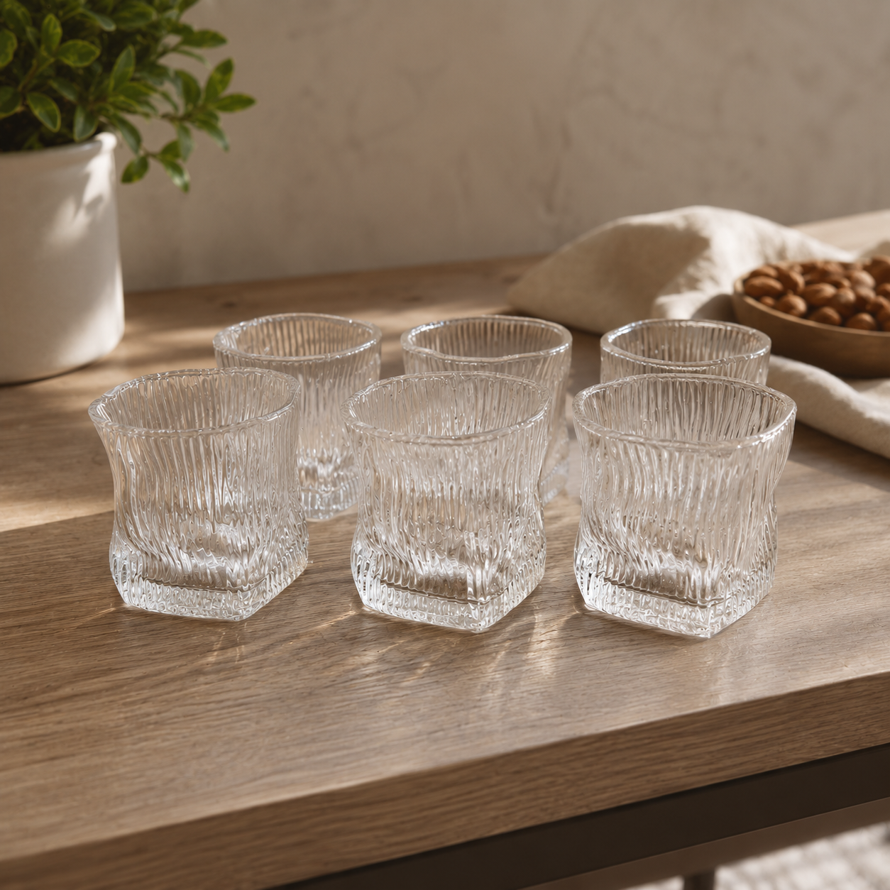 ✨ Set de 6 Vasos Bajos de Cristal con Diseño Ondulado – Elegantes y Modernos