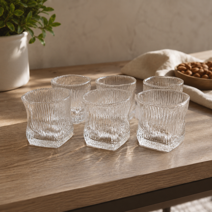 ✨ Set de 6 Vasos Bajos de Cristal con Diseño Ondulado – Elegantes y Modernos