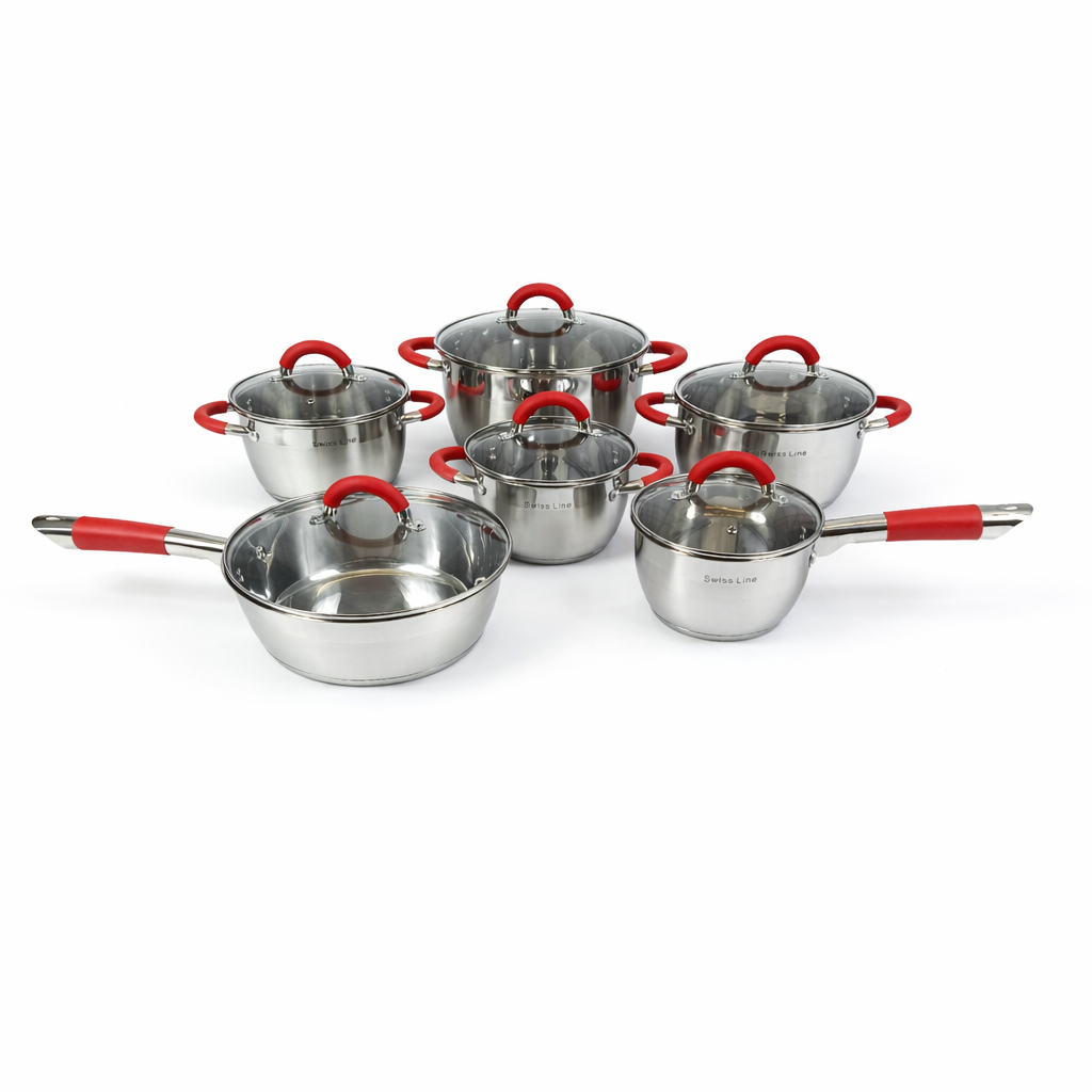 🥘 Batería de Cocina Swiss Line 12 Piezas Acero Inoxidable – Set Completo con Tapas de Vidrio