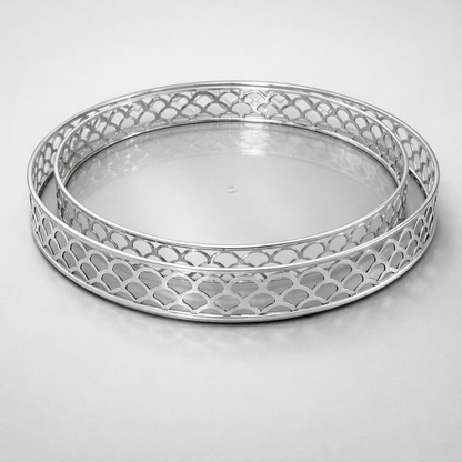Conjunto de 2 Tabuleiros Decorativos Prateados – Elegantes Tabuleiros Redondos para Mesa e Decoração