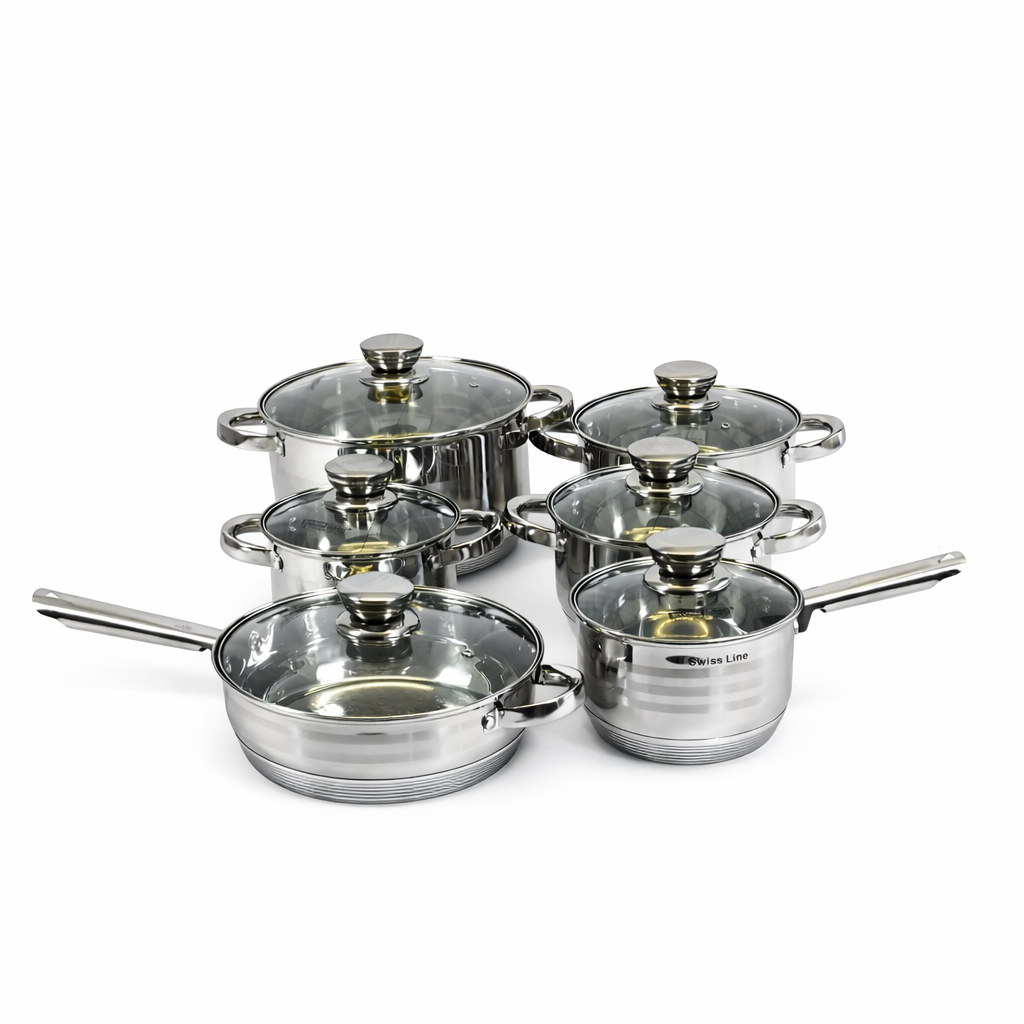 Batería de Cocina Swiss Line de Acero Inoxidable con Tapas de Vidrio – 12 PIEZAS-Set Completo de Ollas y Sartenes