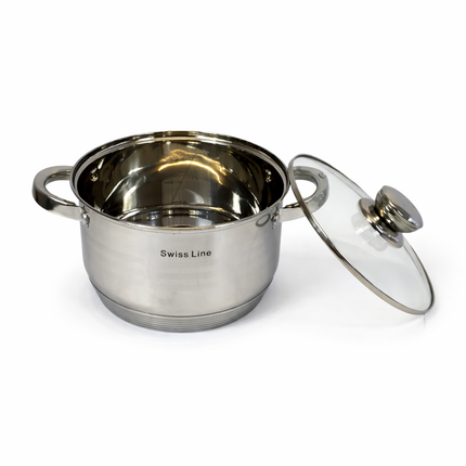 Batería de Cocina Swiss Line de Acero Inoxidable con Tapas de Vidrio – 12 PIEZAS-Set Completo de Ollas y Sartenes