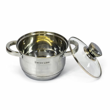 Batería de Cocina Swiss Line de Acero Inoxidable con Tapas de Vidrio – 12 PIEZAS-Set Completo de Ollas y Sartenes
