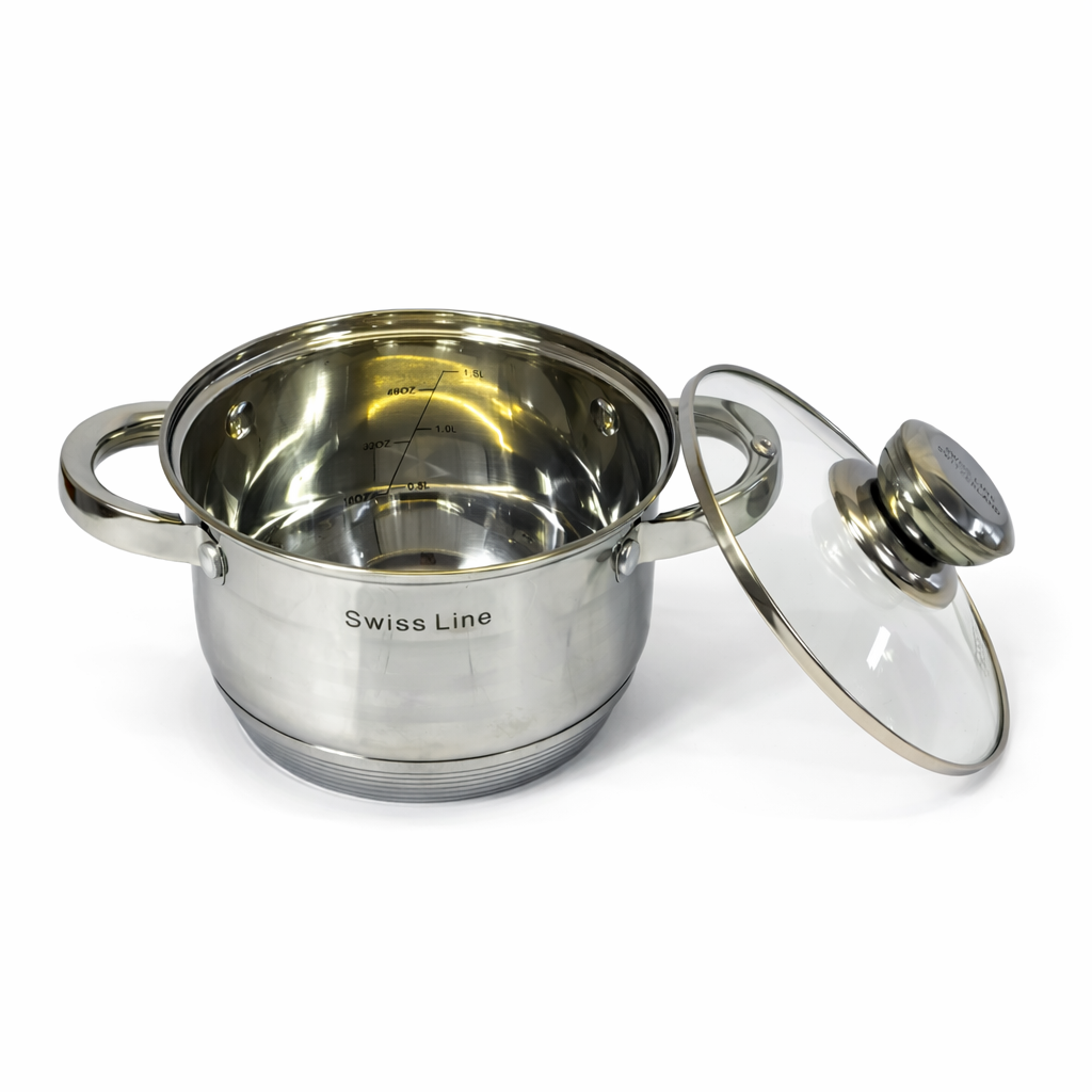 Batería de Cocina Swiss Line de Acero Inoxidable con Tapas de Vidrio – 12 PIEZAS-Set Completo de Ollas y Sartenes