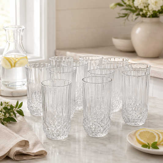 ✨ Juego de Vasos Altos Transparentes con Relieve Elegante