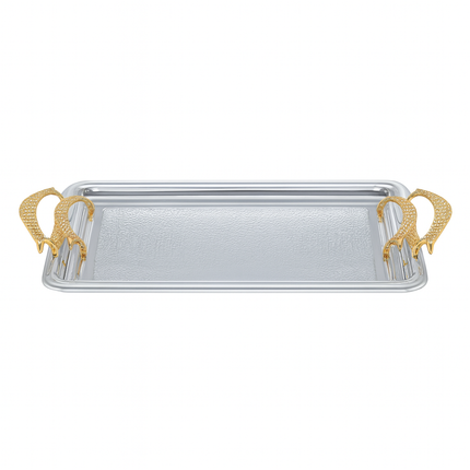 Bandeja Rectangular Plateada con Asas Doradas de Lujo