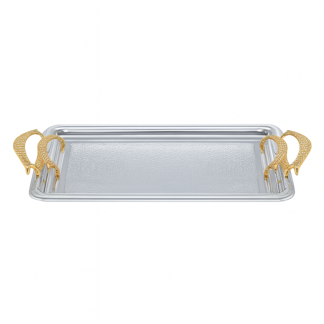 Bandeja Rectangular Plateada con Asas Doradas de Lujo