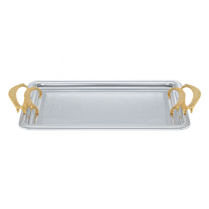 Bandeja Rectangular Plateada con Asas Doradas de Lujo