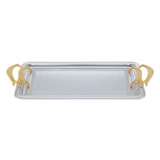 Bandeja Rectangular Plateada con Asas Doradas de Lujo