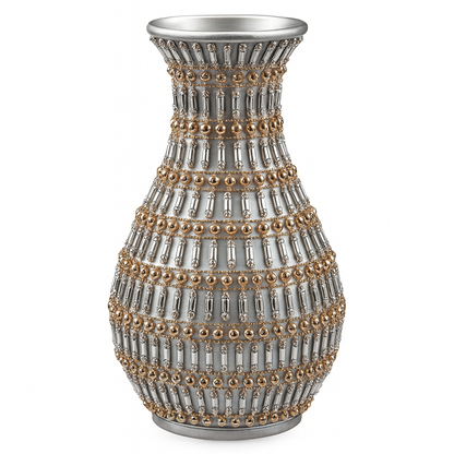 Jarrón Decorativo de Lujo Plateado con Detalles Dorados – 27 cm