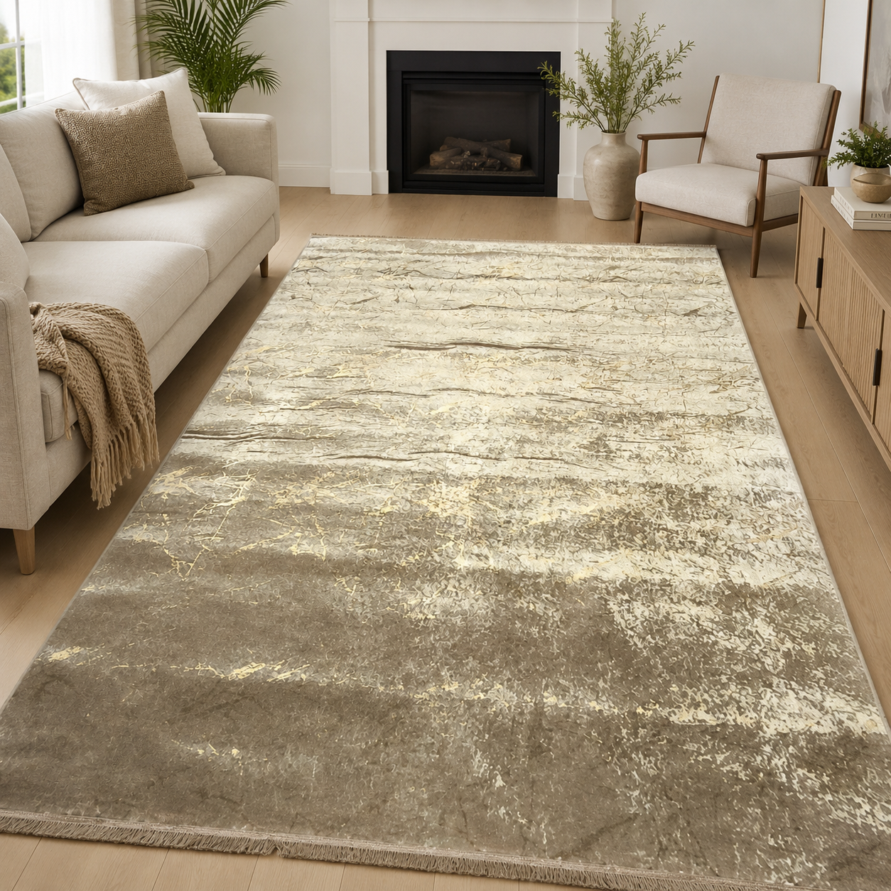 Alfombra de Salón Efecto Mármol 160x220 cm – Acabados Dorado o Plateado