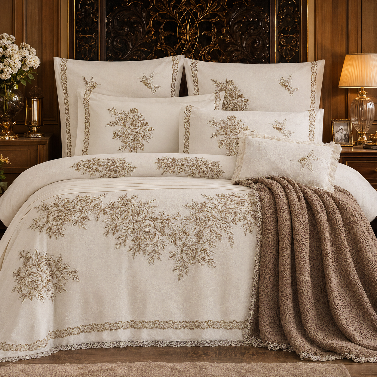 Set de Cama de Lujo Bordado Floral 11 Piezas – Crema y Visón