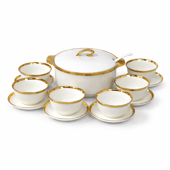 Soup Tureen Set with 6 Bowls and Saucers in White Porcelain with Gold Rim