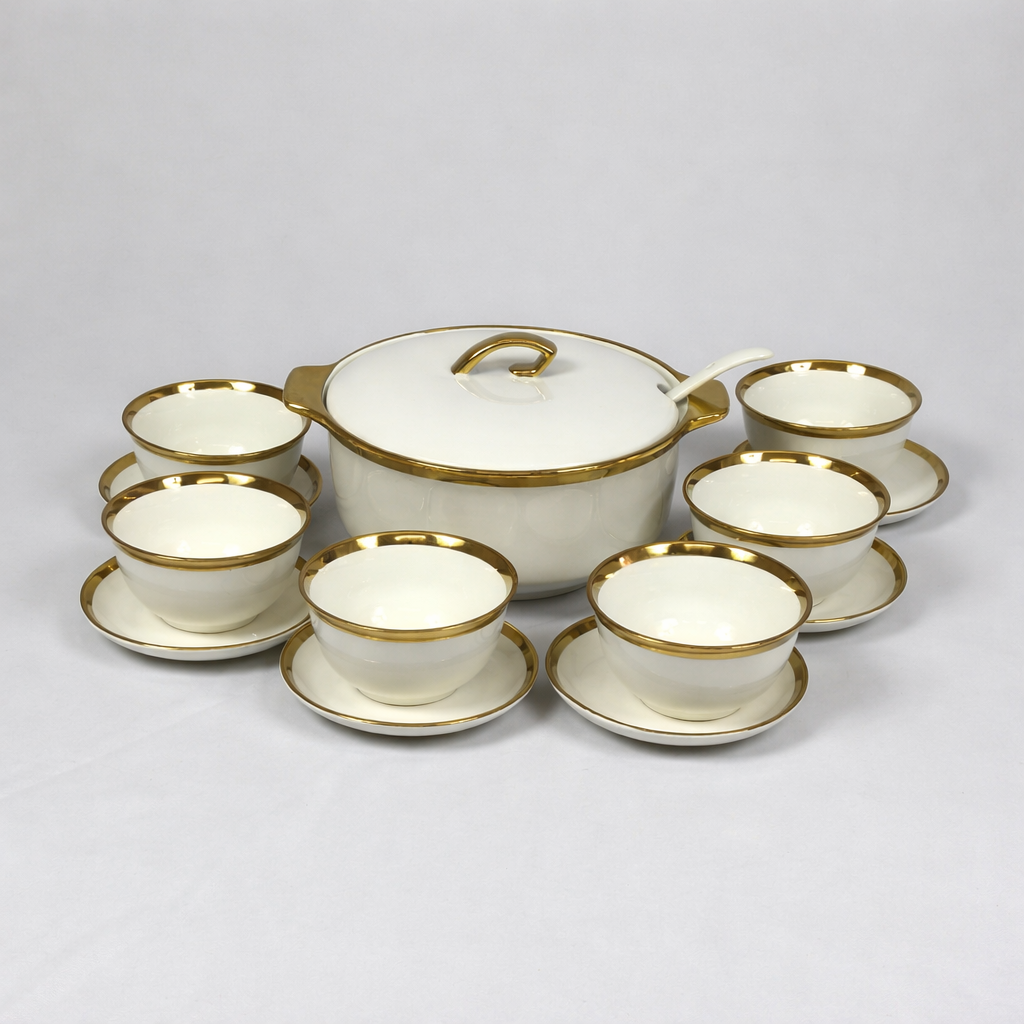 Juego de Sopera con 6 Tazones y Platillos de Porcelana Blanca con Borde Dorado 2,7L