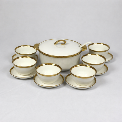 Juego de Sopera con 6 Tazones y Platillos de Porcelana Blanca con Borde Dorado 2,7L