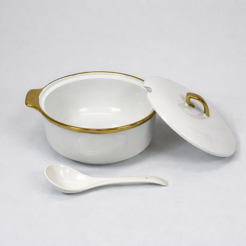 Juego de Sopera con 6 Tazones y Platillos de Porcelana Blanca con Borde Dorado 2,7L