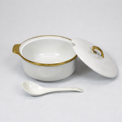 Juego de Sopera con 6 Tazones y Platillos de Porcelana Blanca con Borde Dorado 2,7L